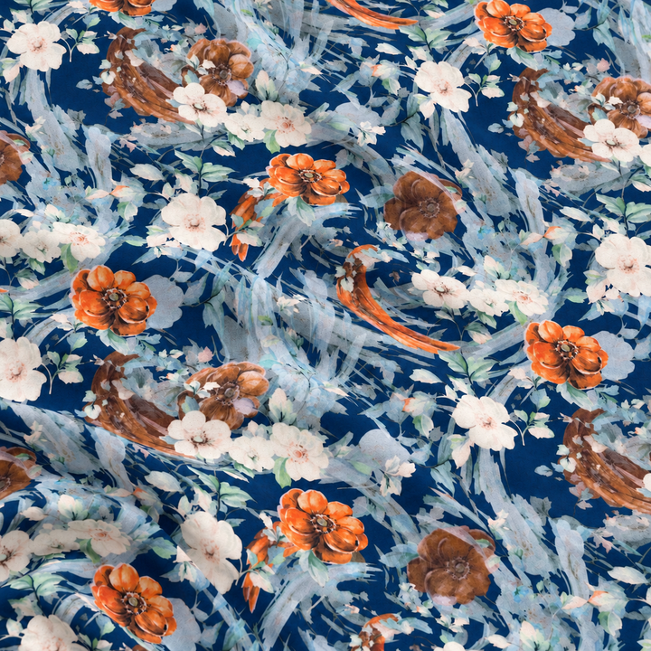 Indigo Brush Floral Print, Indigo · Orange · Aqua, styled with natural fabric creases