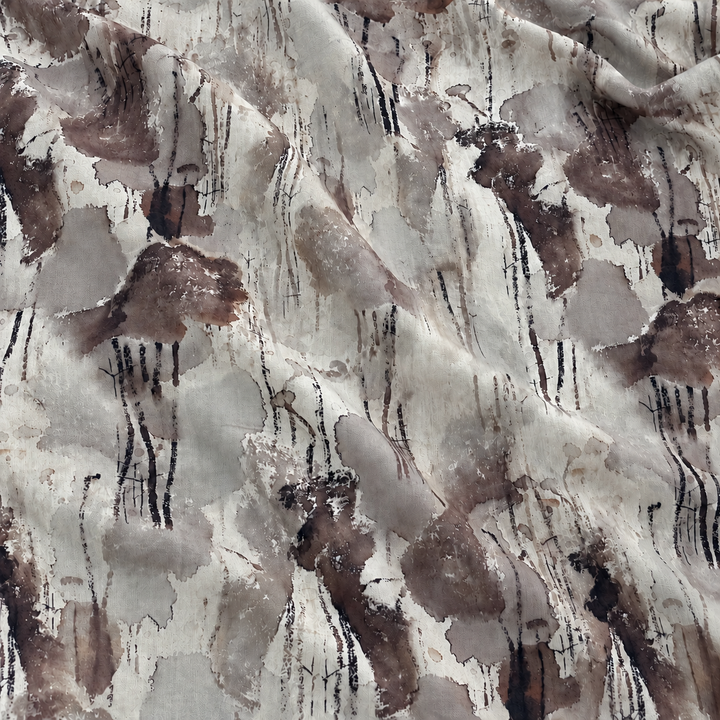 Ink Bloom Linen Print, Mauve Grey, styled with natural fabric creases