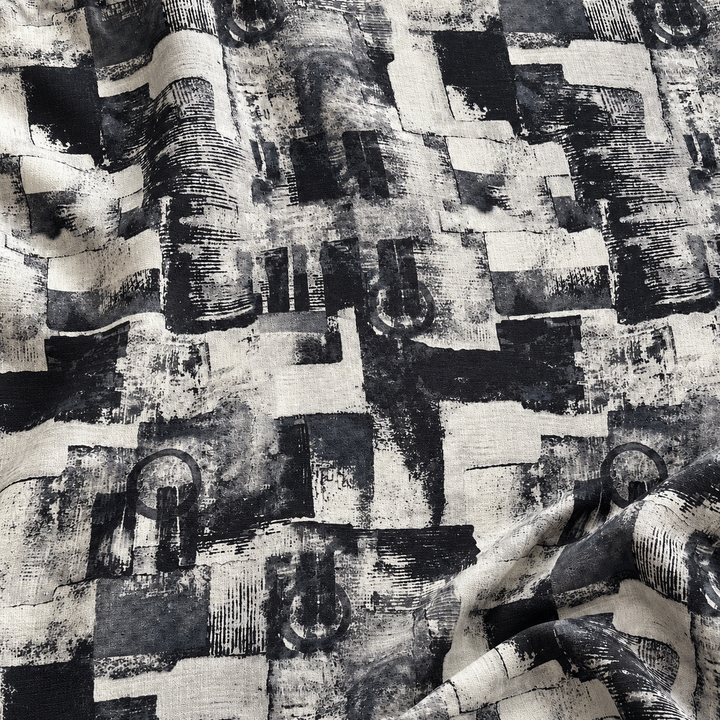 Mosaic Linen Print, Charcoal, styled with natural fabric creases