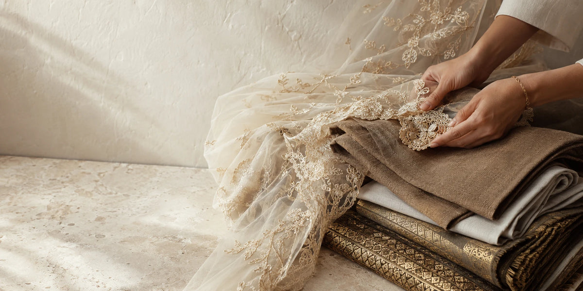Hands arranging lace over folded neutral fabrics