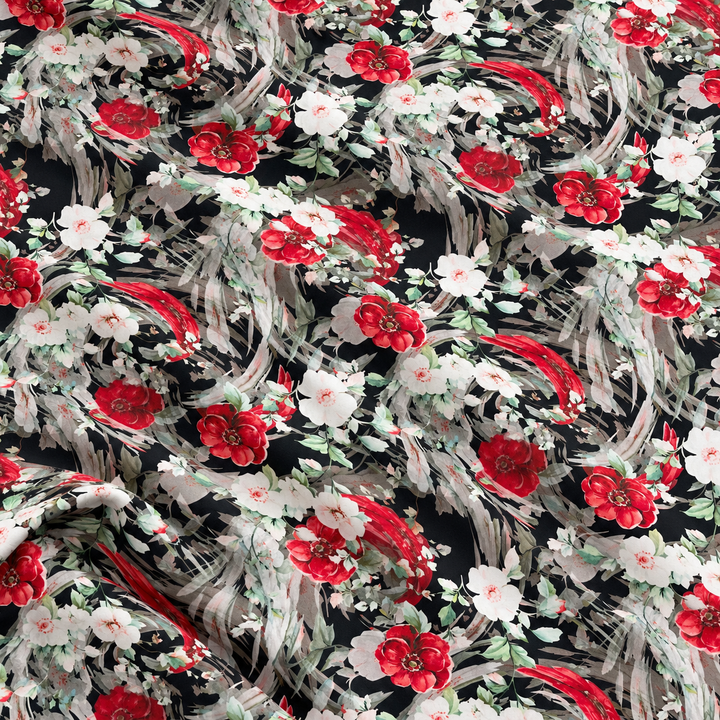 Crimson Garden Print, Black · Crimson · Ivory, styled with natural fabric creases