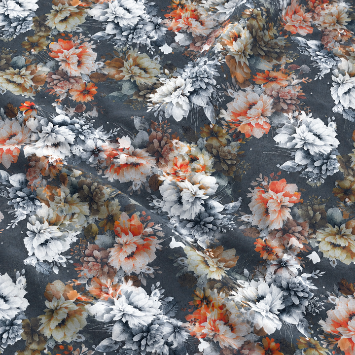 Autumn Bouquet Print, Charcoal · Rust · Ivory, styled with natural fabric creases