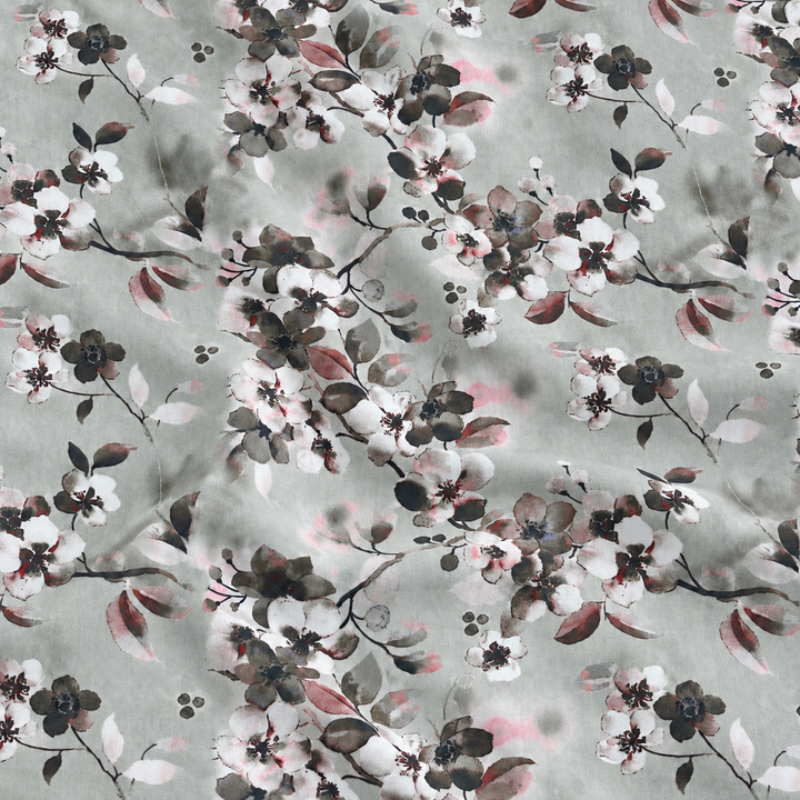 Branch Blossom Cotton Print, Taupe · Ivory, styled with natural fabric creases