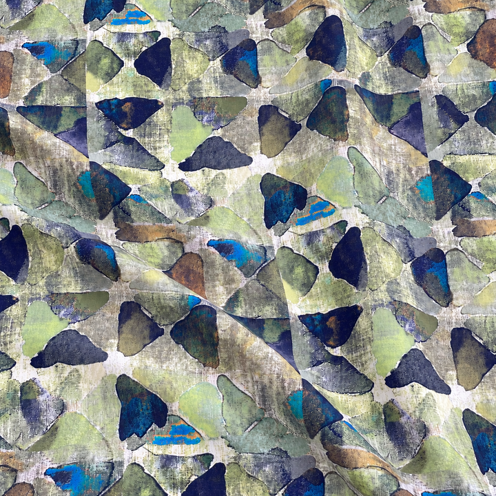 Prism Cotton Print, Lime · Navy, styled with natural fabric creases