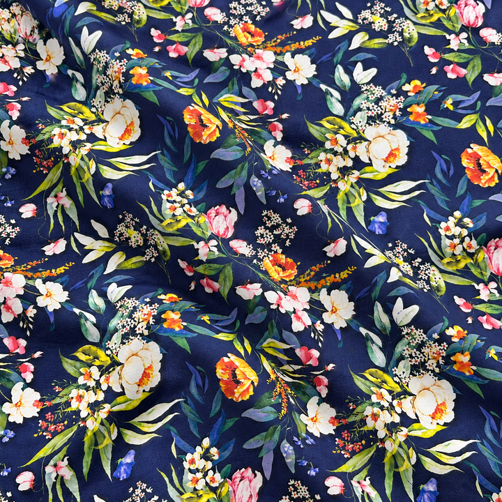 Garden Floral Print, Navy · Coral · Green, styled with natural fabric creases