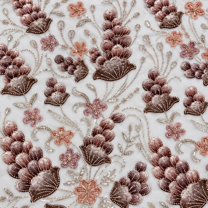 Mauve and brown floral clusters, peach blossoms and delicate beaded vines on light sheer tulle
