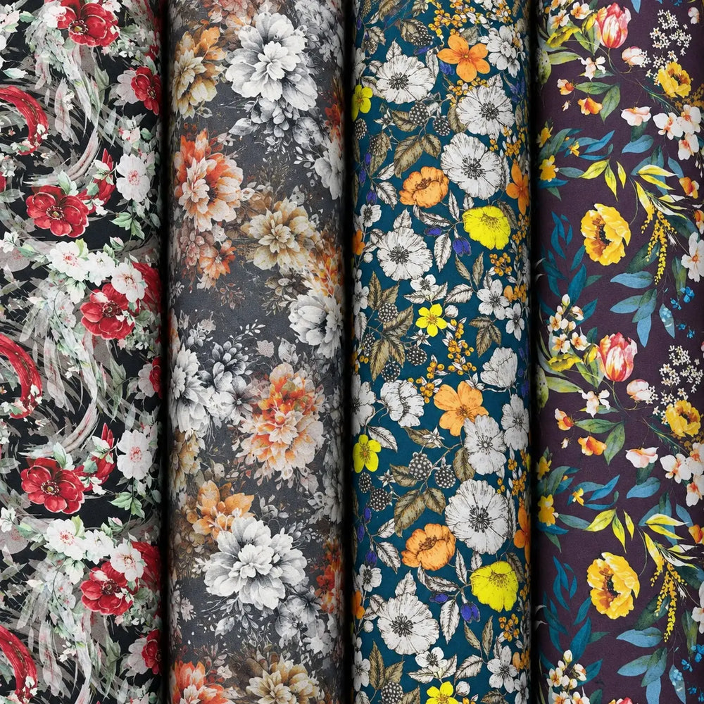A selection of colourful floral printed fabrics
