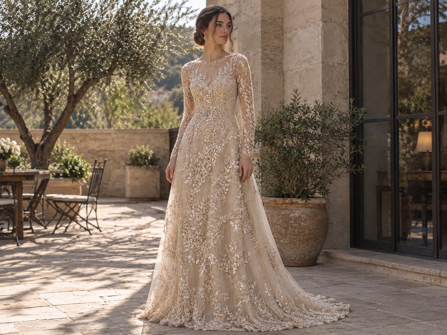 Model wearing an ivory embellished tulle bridal gown